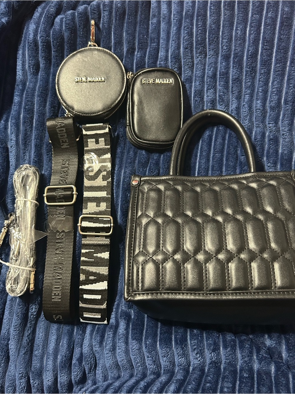 Steve Madden Black Quilted Mini Satchel with Branded Strap and Pouches - Picture 2 of 10